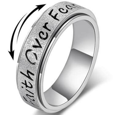 Imagem de LuckyAmor Anel Fidget Spinner para mulheres – Faith Over Fear de aço inoxidável para alívio da ansiedade para adultos, anel de polegar de esperança inspiradora cristã para estresse e foco, joia de