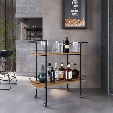 Imagem de Carrinho Bar Estilo Industrial com 2 Prateleiras Preto/Mel