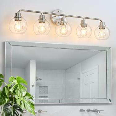 Imagem de Luminárias de banheiro 5 lâmpadas de níquel escovado luminária prateada moderna arandelas de parede luzes de banheiro com sombra de vidro globo luzes de parede de banho para espelho cozinha sala de