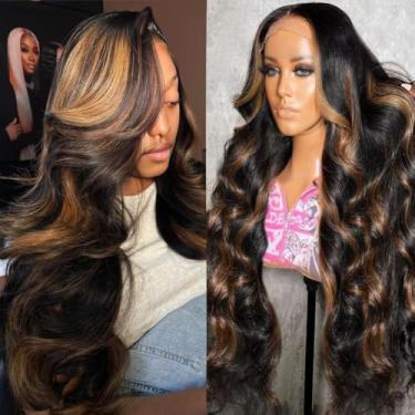 Imagem de HANGFIRST Peruca de cabelo humano 1B/30 Highlight Lace Front 13x6 Ombre 180% Densidade Onda Corporal HD Lace Frontal Perucas para Mulheres Negras 66 cm