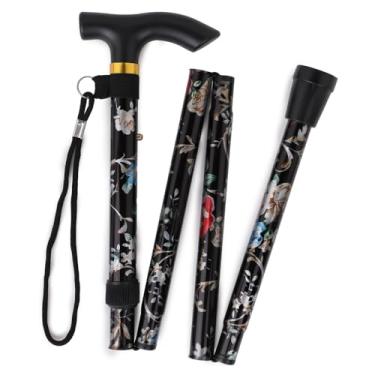 Imagem de Comfkey Bengala dobrável e leve – bengala de viagem dobrável de metal de alumínio ajustável com base de borracha antiderrapante (floral preto)