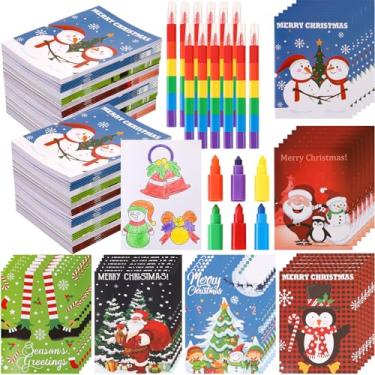 Imagem de Cholemy 72/96 Pçs de Livros de Colorir de Natal a granel com giz de cera para crianças lembrancinhas de festa presentes de Natal mini livros de colorir livros de atividades de férias meias sacos de guloseimas (pacote com 72, estilo adorável)