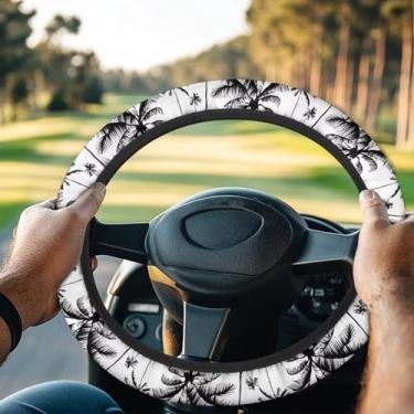 Imagem de GIFTPUZZ Capa de volante de palma - poliéster resistente a UV para carrinhos de golfe, motivo de folha tropical com forro absorvente de suor, essencial para o verão