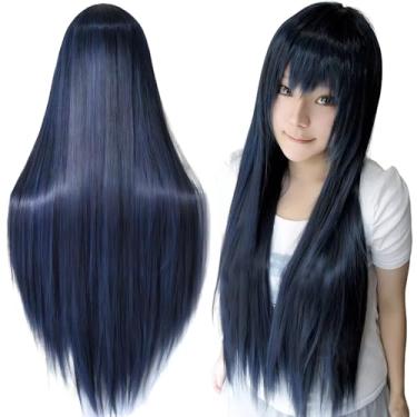 Imagem de IMISSU Perucas de cosplay de cabelo natural longo e reto com franja colorida fantasia de Halloween peruca de festa para menina (Azul escuro)