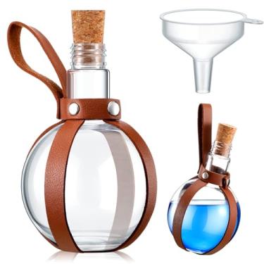Imagem de Baderke 1 conjunto de garrafa de plástico de 227 g com rolha de cortiça, acessórios de cosplay com cinto de couro, adereços de cosplay de bruxa, garrafas esféricas redondas decorativas para decorações