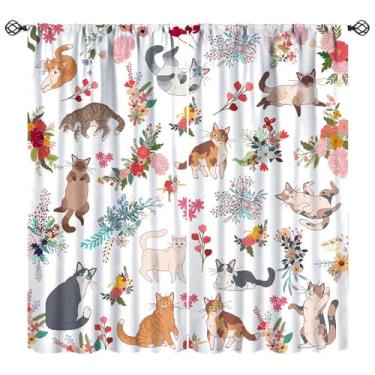 Imagem de Cortinas de gato fofas engraçadas arte floral estampa blackout tratamento de janela para meninas crianças amantes de gatos quarto sala de estar conjunto de tecido 2 painéis 42x15 polegadas 30% taxa de