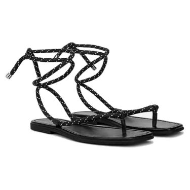 Imagem de RJYLP Sandálias rasteiras de corda para mulheres com tiras e bico aberto, sandálias de dedo aberto para o verão, sandálias deslizantes com tira ajustável, Preto, 40