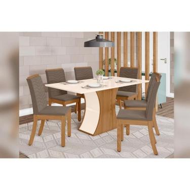 Imagem de Sala De Jantar Completa C/ Tampo Madeirado 160cm + 6 Cadeiras Isa Nature/veludo Light Bege Vanilla