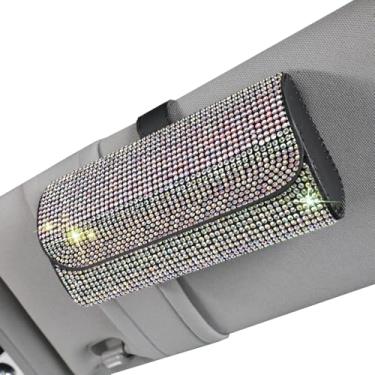 Imagem de Suporte de óculos de sol brilhante para viseira de sol de carro, estojo organizador de óculos de armazenamento com clipe de viseira de carro, estojo organizador de óculos de sol de couro PU para carro