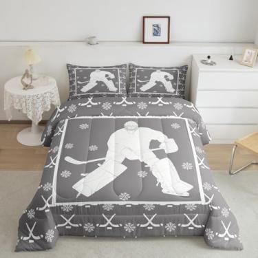 Imagem de Erosebridal Jogo de cama solteiro para meninos e homens, jogo de esportes de inverno, enchimento de edredom de hóquei no gelo, edredom de floco de neve cinza e branco, com palitos de hóquei,