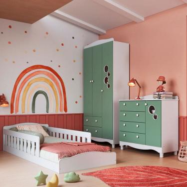 Imagem de Quarto Infantil Completo Aquarela 4 Portas 6 Gavetas Branco/Verde - Pnr Móveis