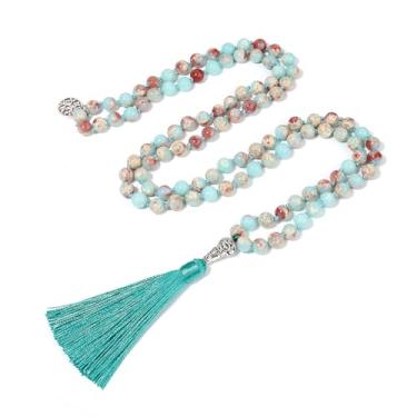 Imagem de BALIBALI Colar de 108 contas Mala com pedras semipreciosas e meditação 108 nó à mão Japa Mala com pingente de árvore da vida, Pedra Shoushan, pedra shoushan