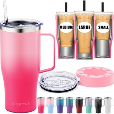 Imagem de Manga universal para café gelado com alça - isolamento térmico de parede dupla reutilizável de aço inoxidável isolante para bebidas frias, serve para copos pequenos, médios e grandes para viagem