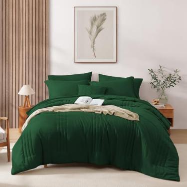 Imagem de Monbix Conjunto de edredom completo – 7 peças, cama em uma bolsa, verde esmeralda, conjunto de cama casal com edredom, edredom alternativo para todas as estações, com lençóis, fronhas e fronhas