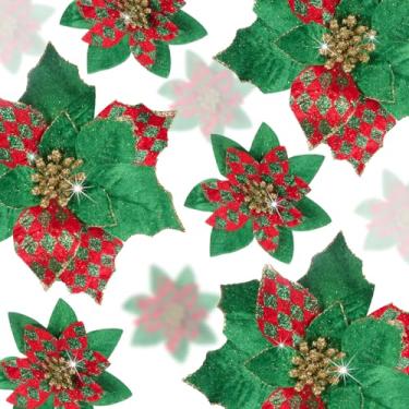 Imagem de Norme 18 peças, 3 tamanhos, flores de poinsétia com glitter, flores artificiais de poinsétia com clipes, enfeites de árvore de Natal para guirlanda de árvore de Natal, casamento, ano novo, decoração