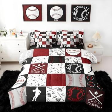 Imagem de Feelyou Jogo de edredom de beisebol com 7 peças, tamanho casal, esportivo, quadriculado geométrico, vermelho, para crianças, meninos, meninas, patchwork, beisebol, decoração de quarto, microfibra leve