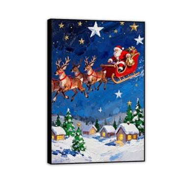 Imagem de Zeichn8u Arte de parede em tela de Natal Papai Noel impressões em tela para sala de estar cozinha banheiro casa céu estrelado azul Papai Noel pôsteres de natal decoração de quarto 45 x 30 cm (18 x 12
