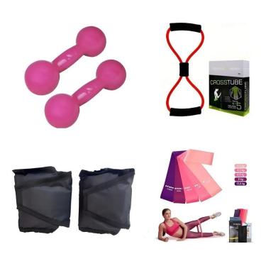 Imagem de Halter 1 Kg Rosa + Caneleira 1 Kg + Elástico + Kit Theraband