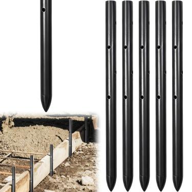 Imagem de 5 peças de estacas redondas de concreto de aço de 30,5 cm com furos, estacas de vergalhão resistentes, pinos de concreto para formas de concreto, cerca de jardim, resistente à ferrugem, removível