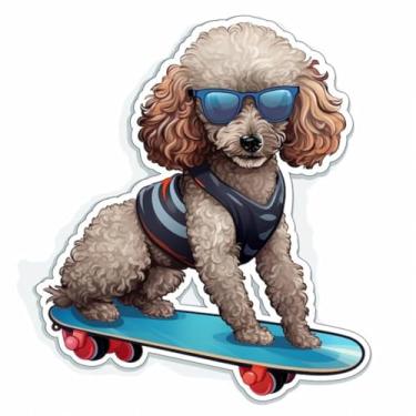 Imagem de Adesivo de Parede Animal Kawaii Poodle com Óculos e Skate para Quarto Infantil - Decoração Moderna e Divertida 50x50cm