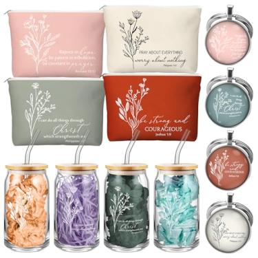 Imagem de Fumete 4 conjuntos de presentes cristãos de Natal para mulheres 473 ml versículo bíblico copo de vidro maquiagem religiosa sacos cosméticos copo de oração chaveiro aniversário igreja escritura pastor