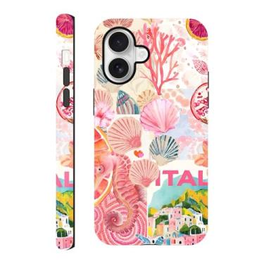 Imagem de Capa compatível com iPhone 16 Plus de 6,7 polegadas, capa de telefone de verão com arte estética de concha de mar, colagem de cavalos-marinhos, capa de praia, capa rígida híbrida protetora resistente