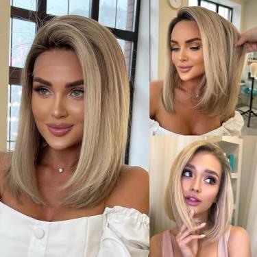 Imagem de Peruca de cabelo humano ombré cinza loiro para mulheres 12A cabelo humano real peruca de verão liso curto loiro bob peruca com raízes escuras respirável pré-cortado 13x4 UHD peruca frontal de renda