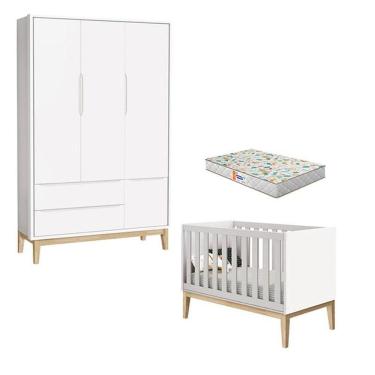 Imagem de Berço Americano E Guarda Roupa 3 Portas New Classic Branco Com Pés Madeira E Colchão Gazin - Reller