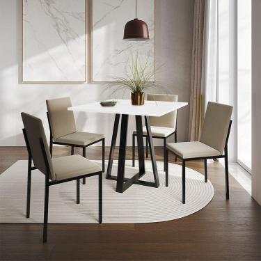 Imagem de Conjunto De Jantar Mesa Mônaco 90Cm Tampo Branco Com 4 Cadeiras Estofadas Bege - Cor: Preto