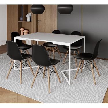 Imagem de Mesa Jantar Industrial Retangular Branca 137X90Cm Base V Ferro Branco C/6 Cadeiras Preta Mad Branco