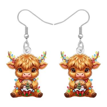 Imagem de NEWEI Brincos pendentes de vaca Highland de acrílico, presentes de Natal escoceses para mulheres, novidade, animais de fazenda, gado com cordão de luzes, acessórios de joias de inverno, Medium
