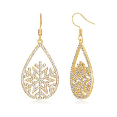 Imagem de Brincos de argola de gota de floco de neve de cristal para mulheres, zircônia cúbica, inverno, flor congelada, pingente, gota d'água, brinco de declaração de gota, presente delicado de Natal e ano
