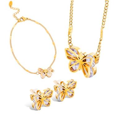 Imagem de Sparkle Rise Conjuntos de joias de 3 peças para mulheres, colar de borboleta banhado a ouro 18 K, brincos e pulseiras, colar ajustável, joias modernas para mulheres, presente de Dia dos Namorados