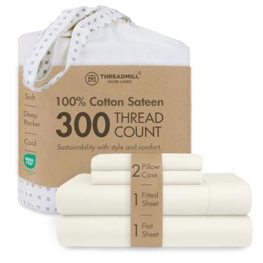 Imagem de Threadmill Jogo de lençol casal de algodão | 100% algodão para cama de casal | Conjunto de lençóis de casal de cetim sólido com bolso profundo elástico de 40,6 cm | Conjunto de lençóis refrescantes de