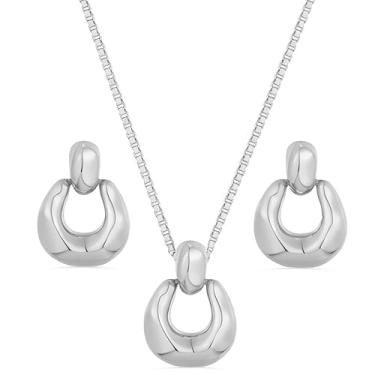 Imagem de Conjunto de brincos de colar para mulheres | Joias de declaração banhada a ouro 18K | Colar com pingente moderno e brincos de argola para ela, Standard, Aço inoxidável, Sem Pedra Preciosa