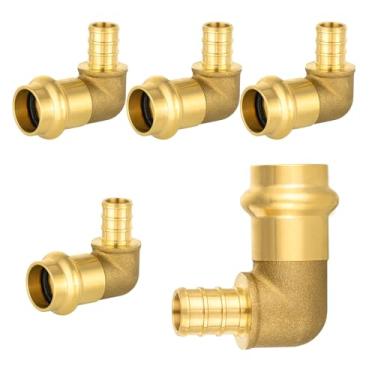 Imagem de Pacote com 5 Niikappu 1/5.1 cm Press x 1/5.1 cm Pex Crimp Elbow, Latão Pro Press Fitting Conexão de cotovelo para cobre e tubo Pex