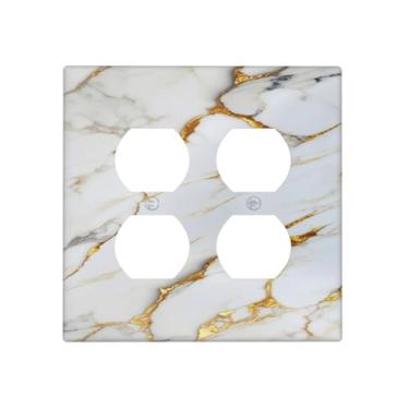 Imagem de BHGAHD Capas de tomada decorativas, moderno, cinza, dourado, textura de mármore, 2 gangs, placa de parede, interruptor de luz duplex, placa de interruptor para decoração de banheiro e cozinha