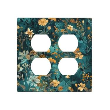 Imagem de BHGAHD Capas de tomada decorativas com conjunto floral com folhas douradas em fundo turquesa, placa de parede de 2 grupos, receptáculo duplex duplo, capa de interruptor de luz para decoração de casa