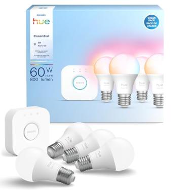 Imagem de Philips Hue Kit de iniciação essencial: Bridge + 4 lâmpadas inteligentes E26 essenciais, branco e colorido, 2200 K-6500 K, regulável, funciona com Alexa, Google, Samsung SmartThings, Apple Home