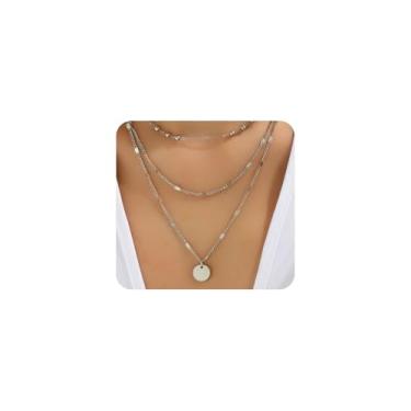 Imagem de Navirix Colar feminino com pingente de moeda de ouro em camadas de metal redondo com contas e clipe de papel, gargantilha, colar delicado para aniversário, casamento, coquetel, joia, Large, Metal, Sem
