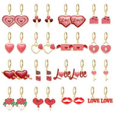 Imagem de RLHRNDE Conjunto de 16 pares de brincos de Dia dos Namorados para mulheres, moda com glitter, coração vermelho, flecha, cupido, balão, chocolate, rosa, lábios, envelopes, brincos, argola, romântico