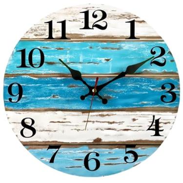 Imagem de AIENAI Relógios de parede azuis com tema de praia, operado por bateria, silencioso, sem tique-taque, vintage, redondo, rústico, costeiro, relógio náutico decorativo para casa, cozinha, sala de estar
