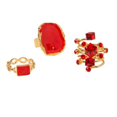 Imagem de 3 peças de anéis vintage para coquetel de ouro grosso grande preto esmaltado anel de dedo gotejamento moda geométrico punk joias acessórios para mulheres, Metal, Sem Pedra Preciosa