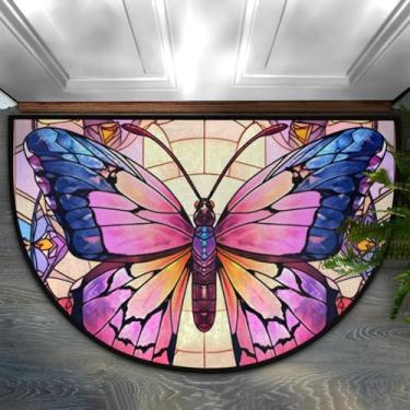 Imagem de Tapete de porta meio redondo, fofo, borboleta, rosa, vidro, antiderrapante, absorvente, semicírculo, tapetes laváveis, para ambientes internos e externos, pátio, cozinha, banheiro, entrada, lareira