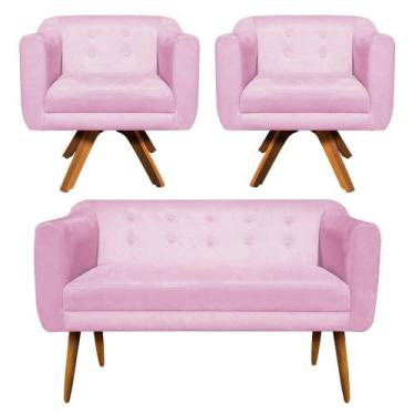 Imagem de Sofá Namoradeira e 2 Poltronas Julia Giratória Madeira Suede Rosa Bebê