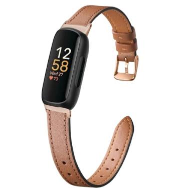Imagem de Pulseira fina de couro legítimo compatível com Fitbit Inspire 2 1 feminina, pulseira fina de couro genuíno de grão superior (marrom/ouro rosa, para Fitbit Inspire 2/1)