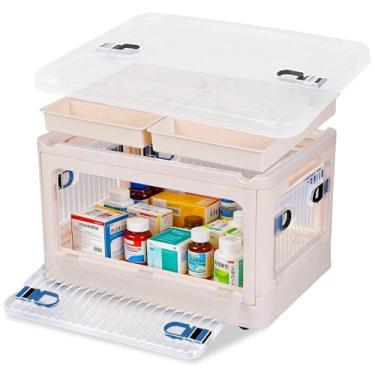 Imagem de Caixa de armazenamento de medicamentos com bandeja removível, caixa de primeiros socorros para a família, recipiente de suprimentos médicos multiuso com 2 bandejas, organizador de medicamentos aberto