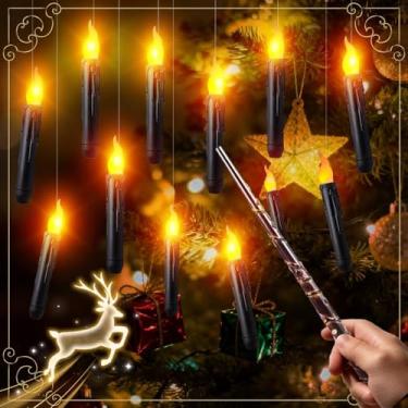 Imagem de Velas flutuantes com controle remoto de varinha mágica – Pacote com 12 velas de LED cintilantes e penduradas, velas realistas com cordão para Halloween, Natal, janelas, teto