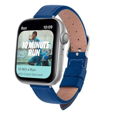 Imagem de XLCZMYL Pulseira de relógio fina de couro para série 7 SE 6 5 4 3 2 1 de 40 mm, 44 mm, 38 mm, 42 mm, couro, azul, 44 mm ou 45 mm