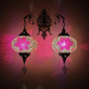Imagem de Luminária de parede turca com 2 lâmpadas, estilo marroquino com mosaico, arandela boêmia tradicional para cabeceira, ideal para sala de estar, quarto, corredor, varanda, café ou bar.